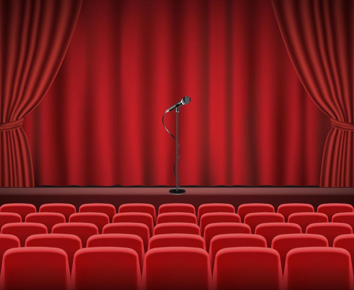 filas de assentos vermelhos de cinema ou teatro em frente ao palco do show com microfone retrô vetor