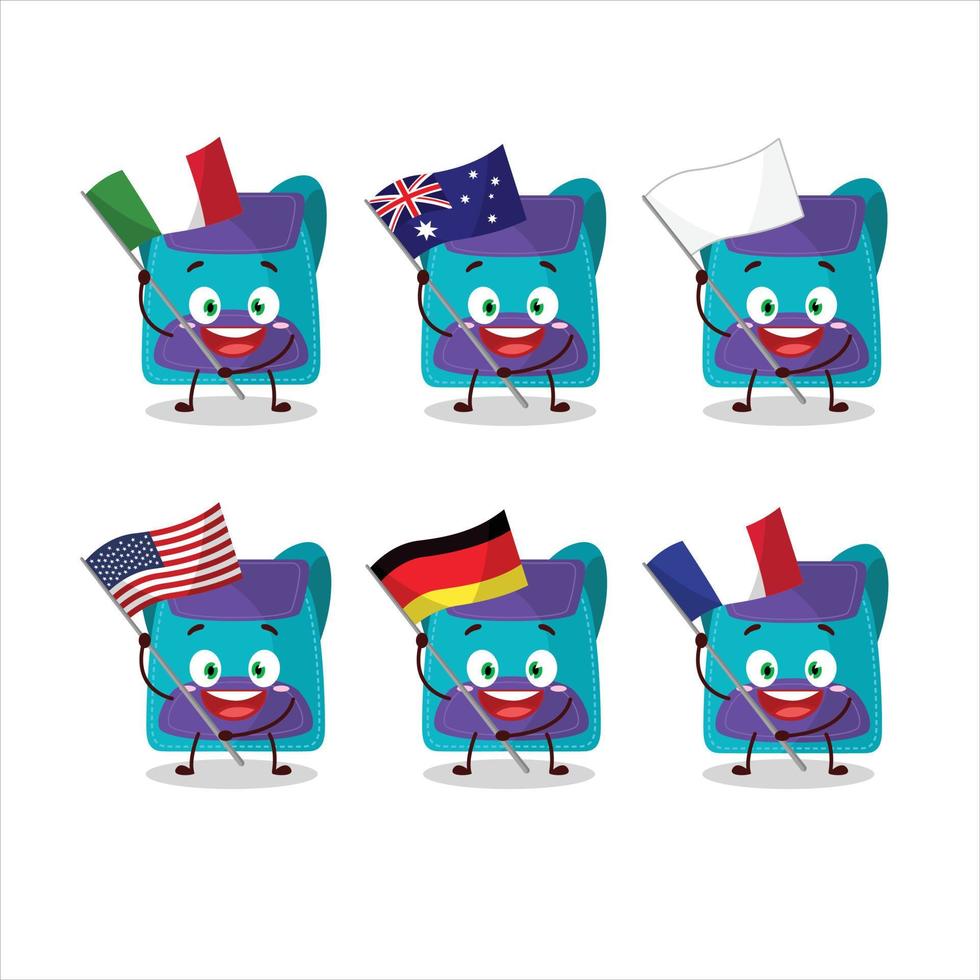 azul saco desenho animado personagem trazer a bandeiras do vários países vetor