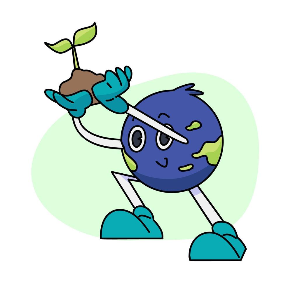 vintage feliz fofa terra planeta personagem mascote segurando uma pequeno plantar. vetor ilustração