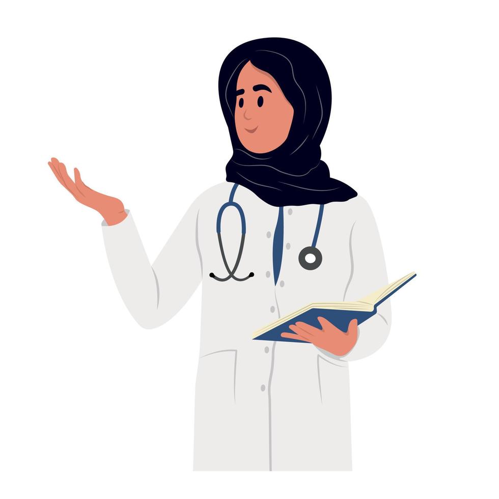 feliz fêmea muçulmano médico é falando explicando algo, gesticulando com mão. uma muçulmano família médico dentro uma médico vestido. vetor