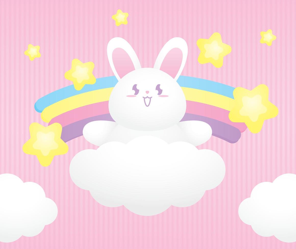 fofa kawaii branco Coelho com colorida arco Iris e adorável estrelas ilustração vetor