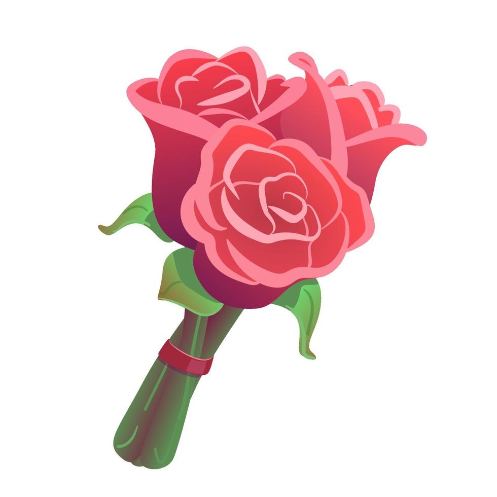 buquê de três rosas em fundo branco isolado. clipart de flores para data, celebração, dia dos namorados. ilustração de presente de casamento romântico. ramo rosa rosado com fita vermelha. vetor de desenho floral.
