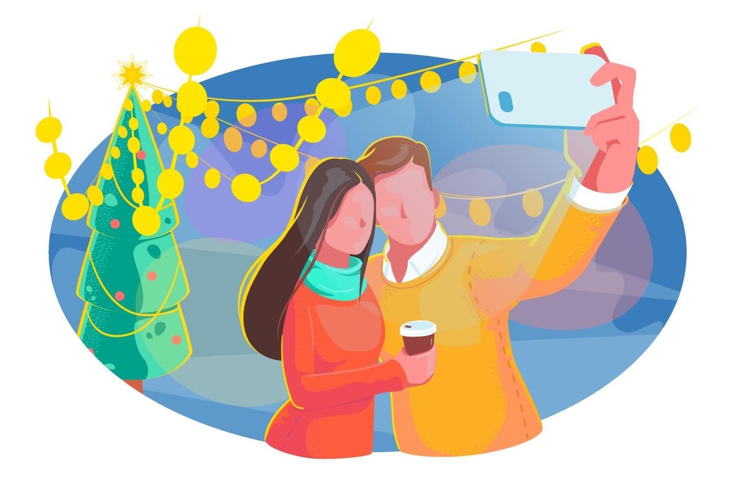 casal de inverno tomando selfie blogando com ilustração de árvore de Natal. festa do conceito de design, celebração do ano novo. conceito de Natal de cidade ao ar livre. fundo de vetor de férias românticas isolado no branco