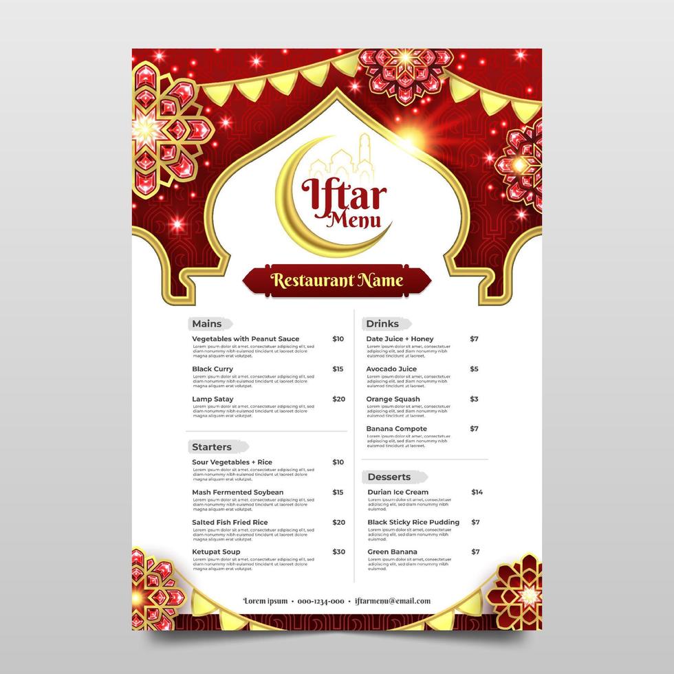 iftar cardápio modelo com elegante vermelho e ouro enfeites vetor