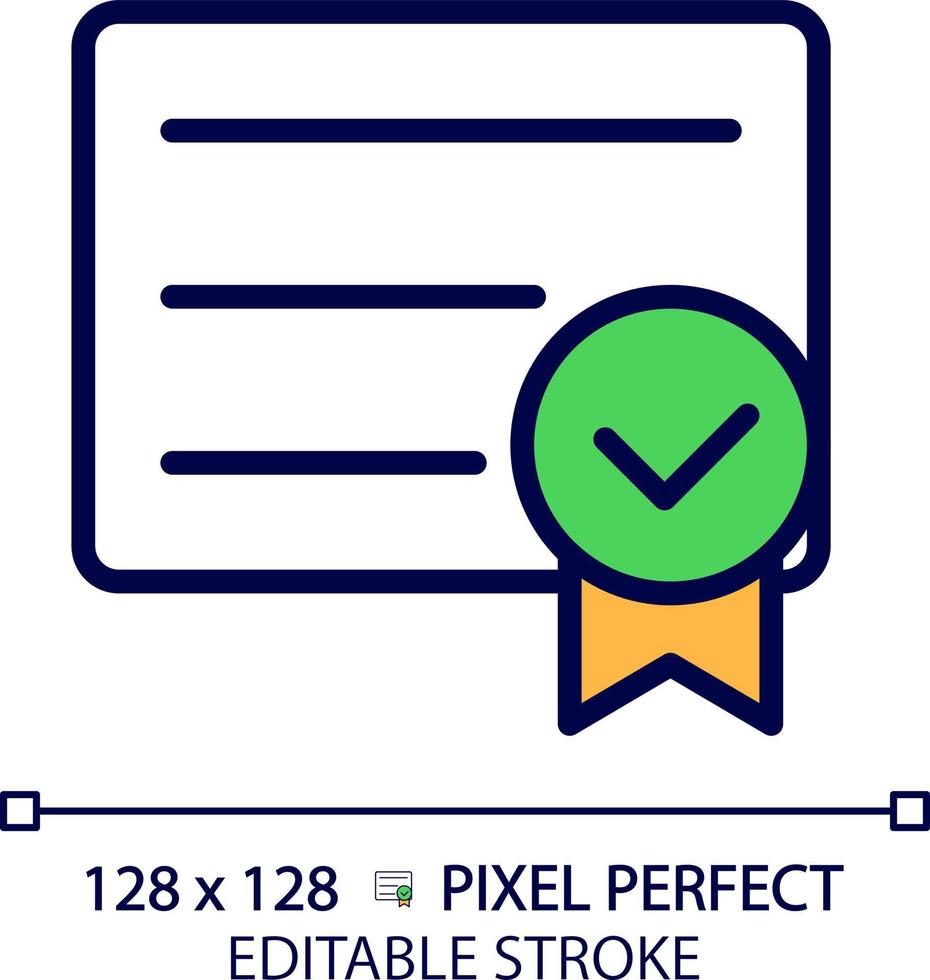 diploma com Verifica marca pixel perfeito rgb cor ícone. Faculdade graduação documento. certificado do curso conclusão. isolado vetor ilustração. simples preenchidas linha desenho. editável acidente vascular encefálico