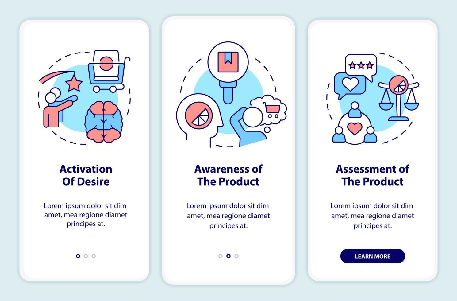 sensorial sistema dentro consumidor comportamento onboarding Móvel aplicativo tela. passo a passo 3 passos editável gráfico instruções com linear conceitos. interface do usuário, ux, gui modelo vetor