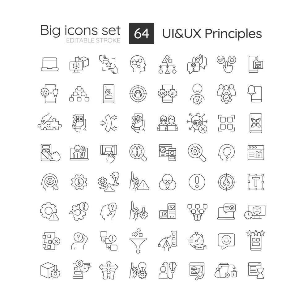 do utilizador experiência e interface Projeto princípios linear grande ícones definir. rede usabilidade. Customizável fino linha símbolos. isolado vetor esboço ilustrações. editável acidente vascular encefálico