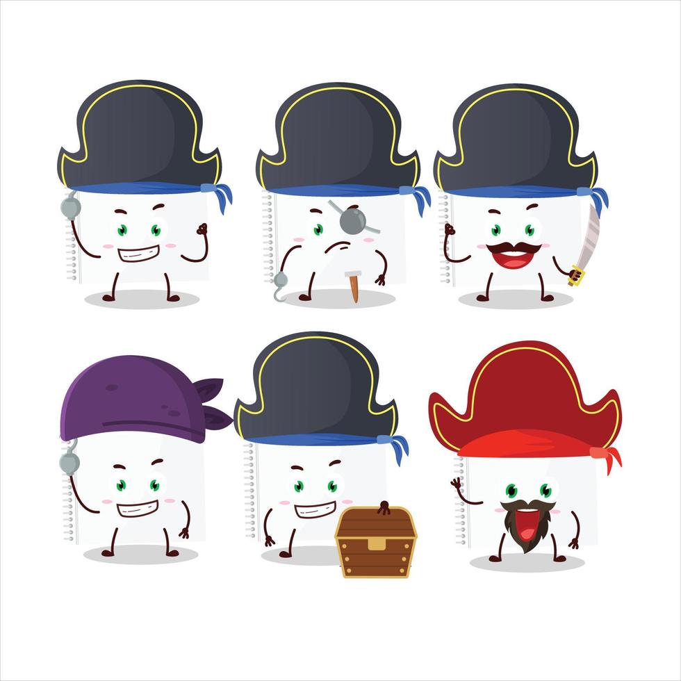 desenho animado personagem do desenhando livro com vários piratas emoticons vetor