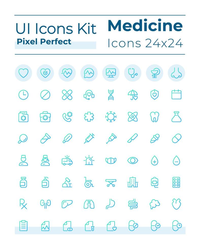 remédio relacionado pixel perfeito gradiente linear ui ícones definir. assistência médica. hospital e clínica. linha contorno do utilizador interface símbolos. moderno estilo pictogramas. vetor isolado esboço ilustrações