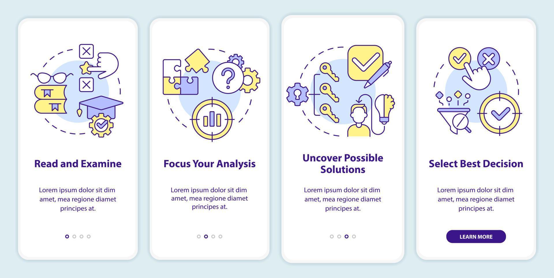 estrutura do caso estude onboarding Móvel aplicativo tela. pesquisa passo a passo 4 passos editável gráfico instruções com linear conceitos. interface do usuário, ux, gui modelo vetor