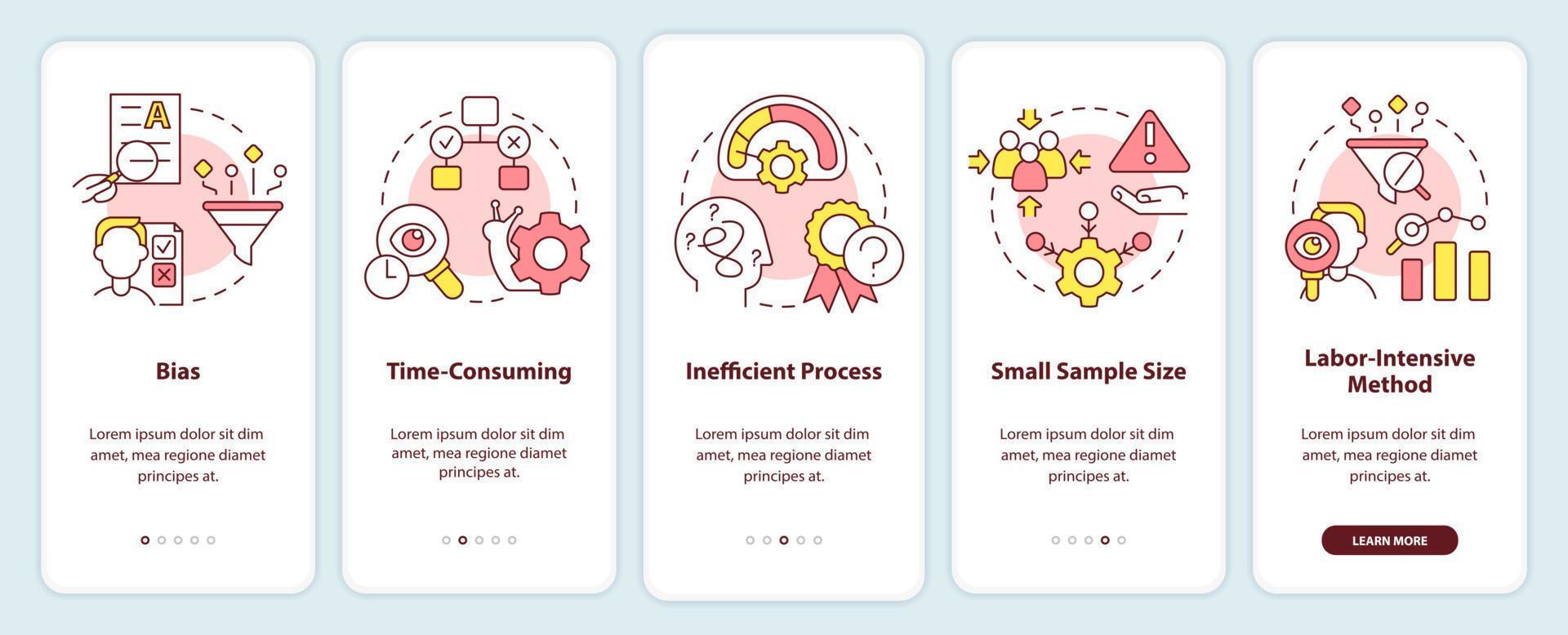 desvantagens do caso estude onboarding Móvel aplicativo tela. problemas passo a passo 5 passos editável gráfico instruções com linear conceitos. interface do usuário, ux, gui modelo vetor