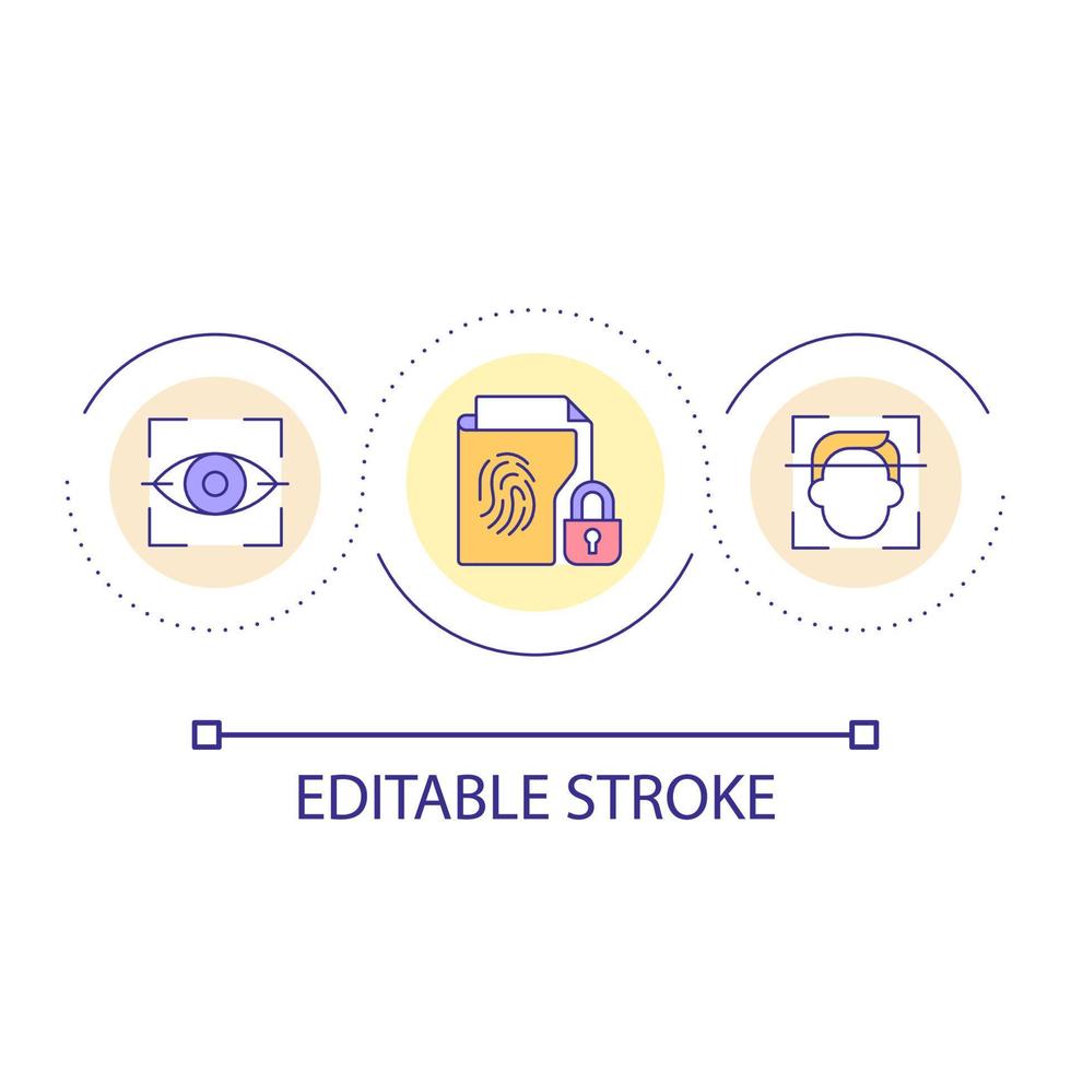 biométrico identificação ciclo conceito ícone. Inovativa tecnologia do dados segurança. privacidade proteção abstrato idéia fino linha ilustração. isolado esboço desenho. editável acidente vascular encefálico vetor