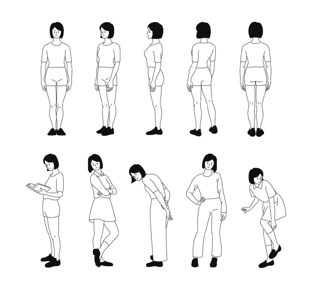 a pose multidirecional da garota em pé. amostra padrão. mão desenhada estilo ilustrações vetoriais. vetor