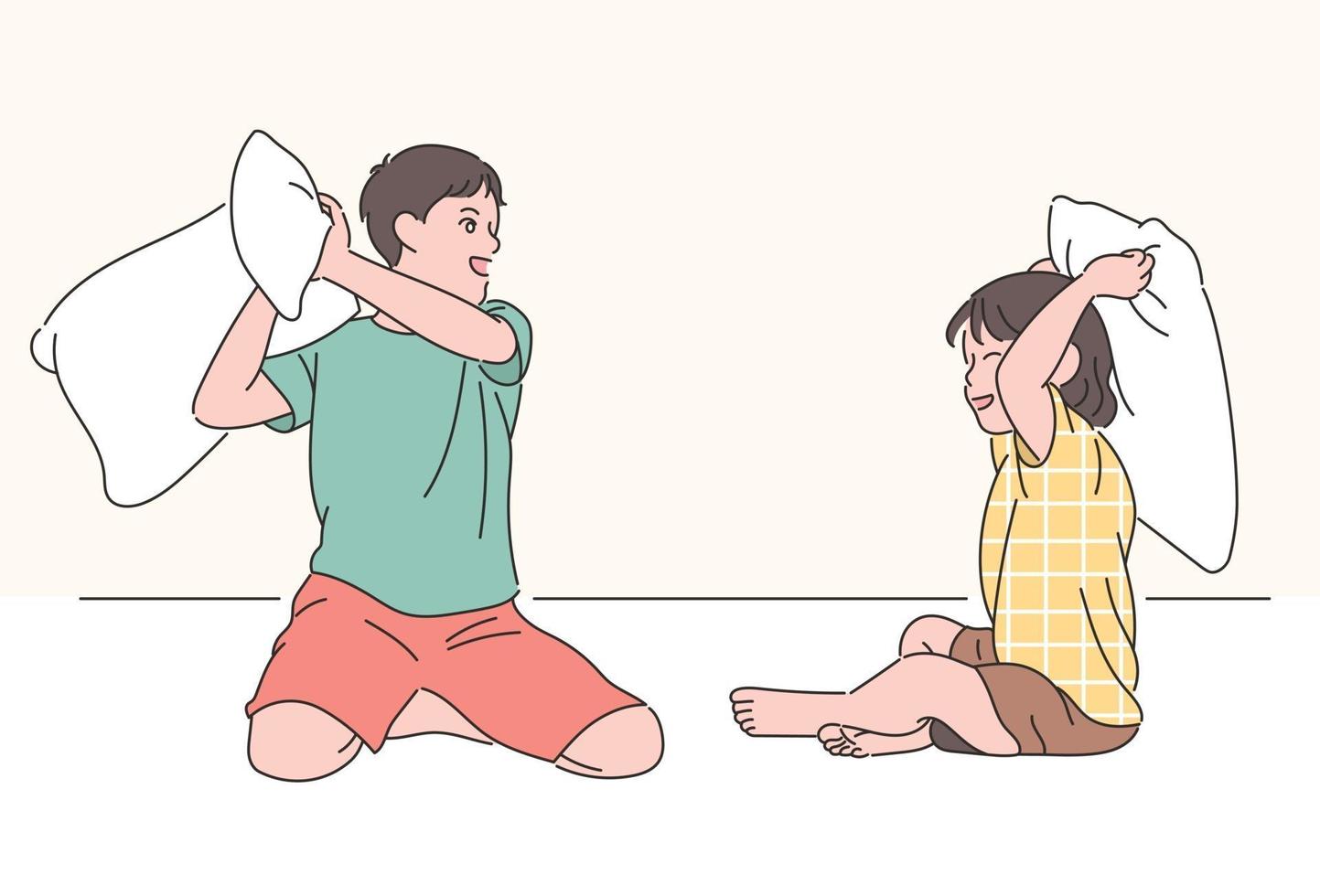 irmão e irmã estão brigando de travesseiros. mão desenhada estilo ilustrações vetoriais. vetor