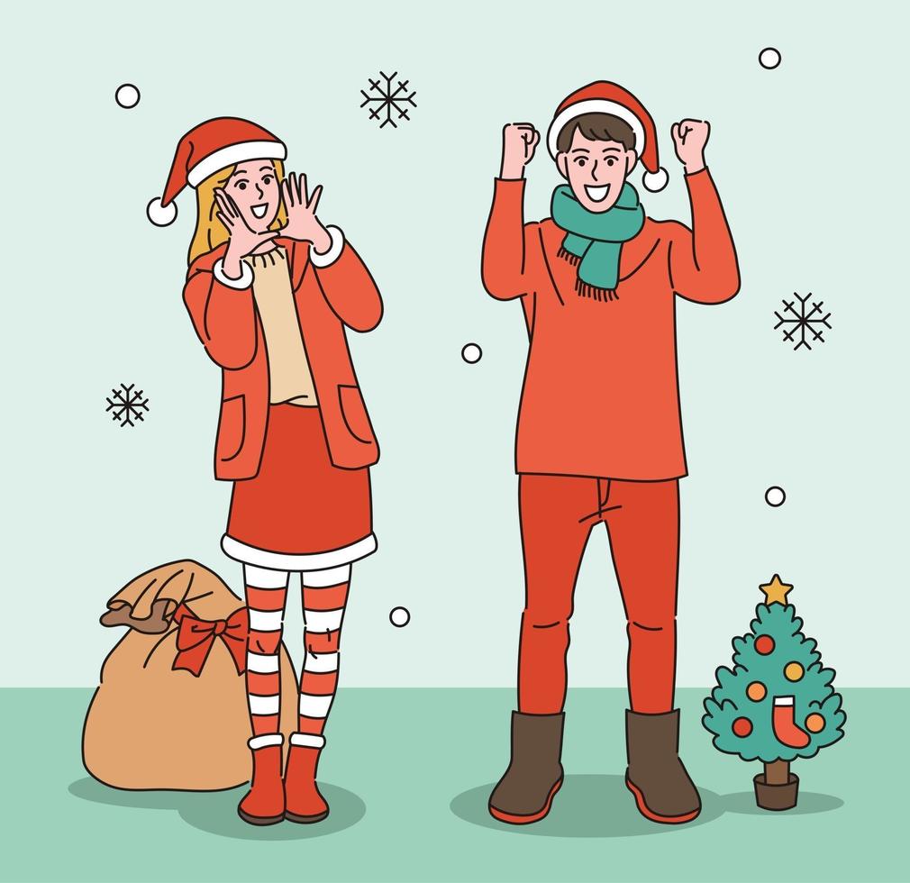 um homem e uma mulher com roupas de Papai Noel estão torcendo. mão desenhada estilo ilustrações vetoriais. vetor