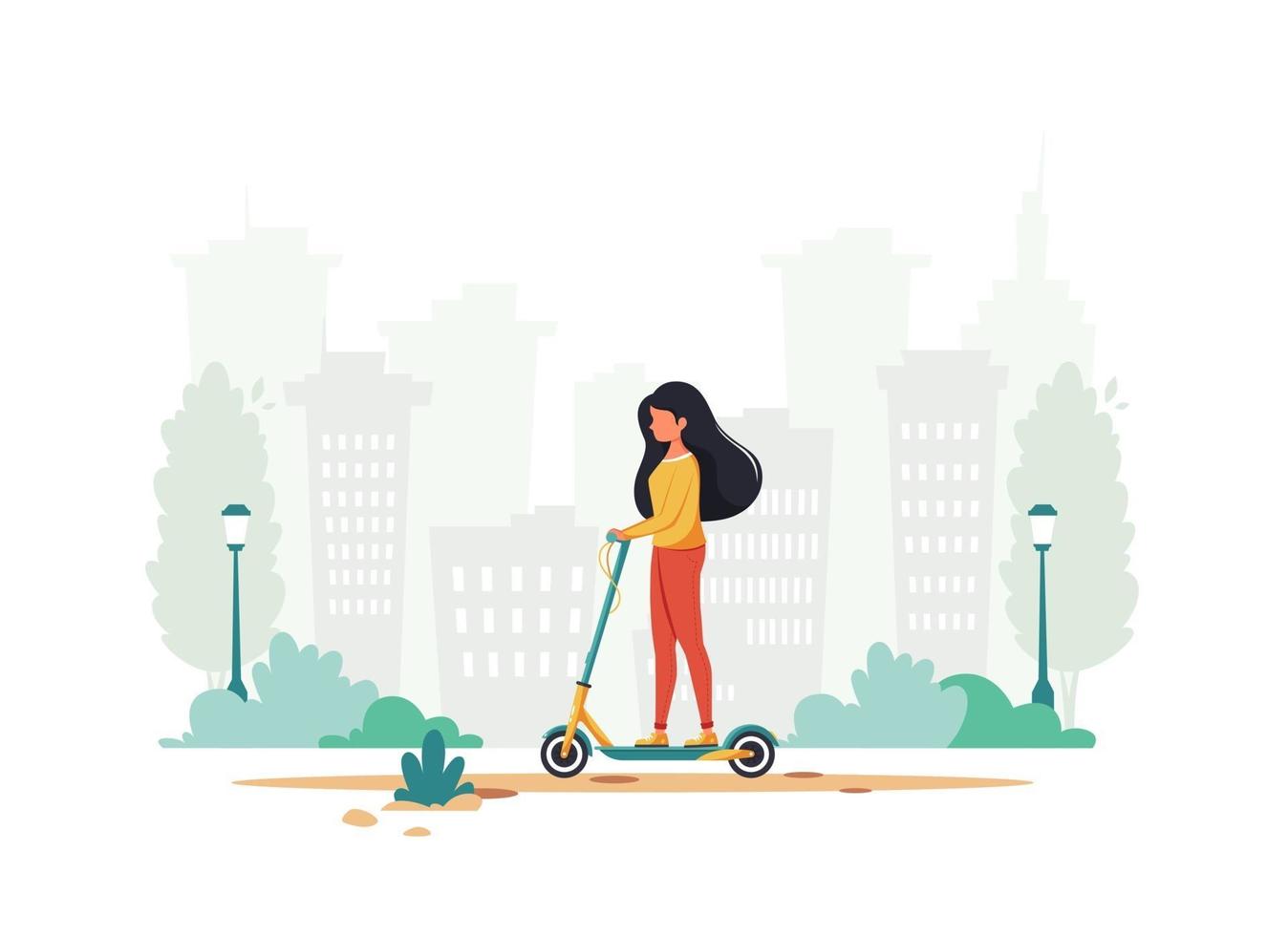 mulher montando scooter de chute elétrico. conceito de transporte ecológico. ilustração vetorial vetor