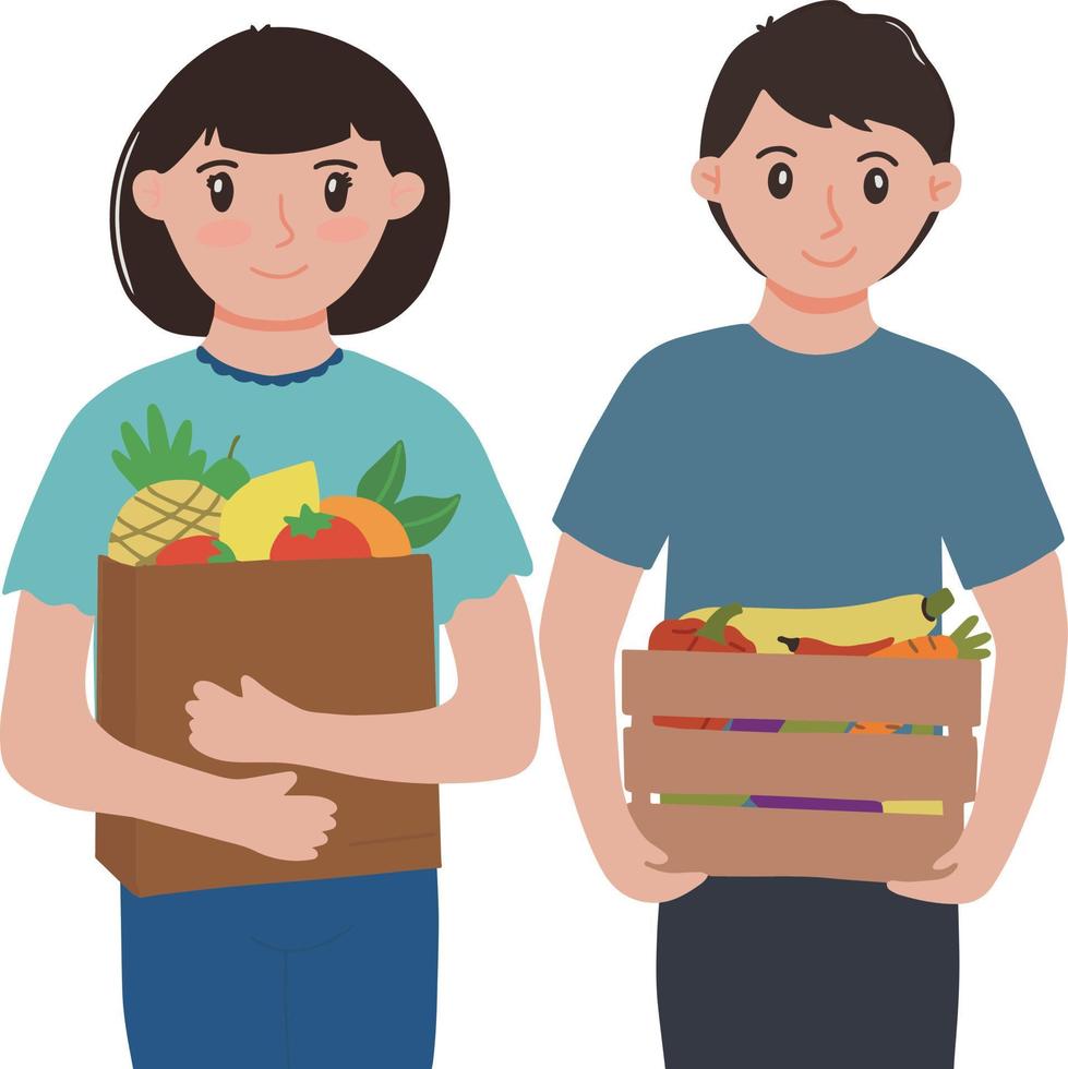 retrato do mulher e homem segurando mercearia bolsas e cestas preenchidas com legumes e frutas ilustração vetor