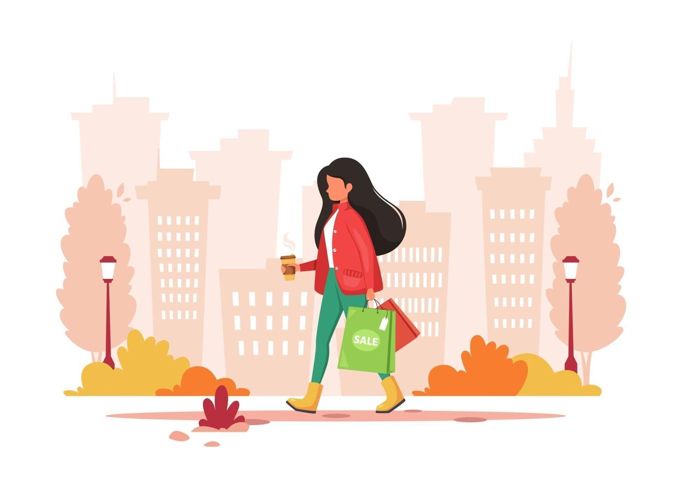mulher às compras na cidade com café. estilo de vida urbano. ilustração vetorial. vetor