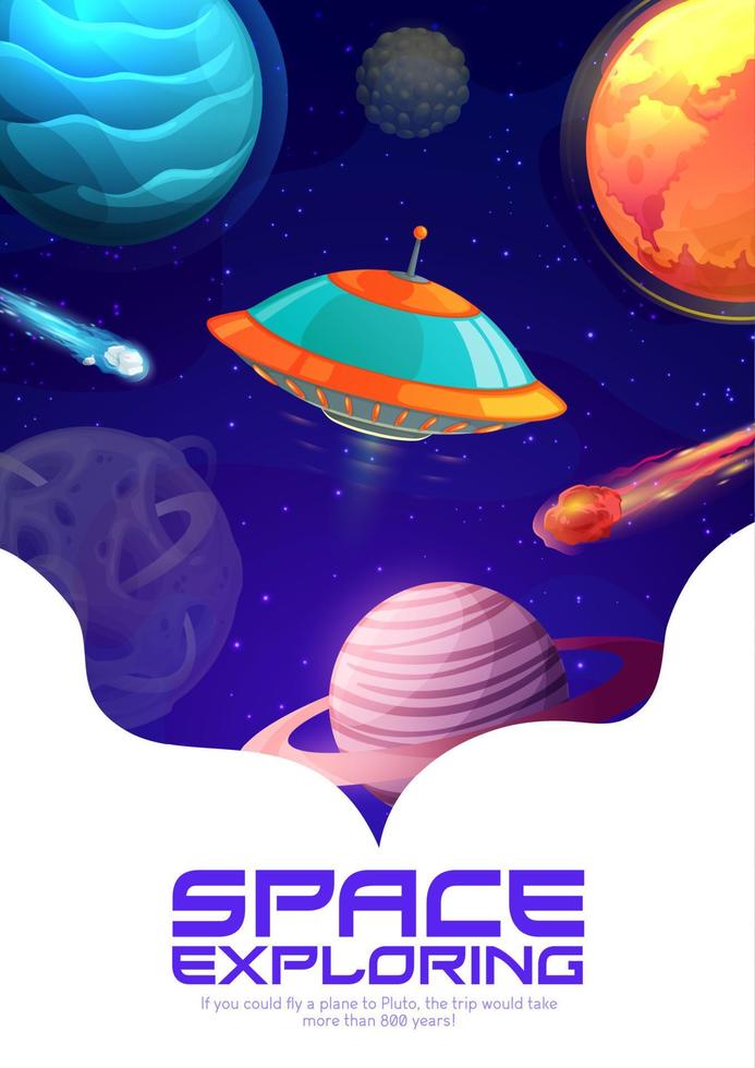 desenho animado espaço aterrissagem página, fantasia galáxia e UFO vetor