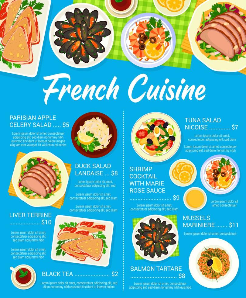 francês cozinha cardápio, vetor pratos do França.