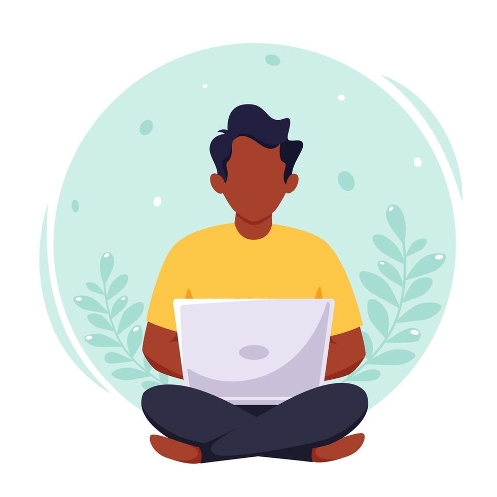 homem negro trabalhando no laptop. freelance, trabalho remoto, estudo on-line, conceito de trabalho em casa. ilustração vetorial vetor