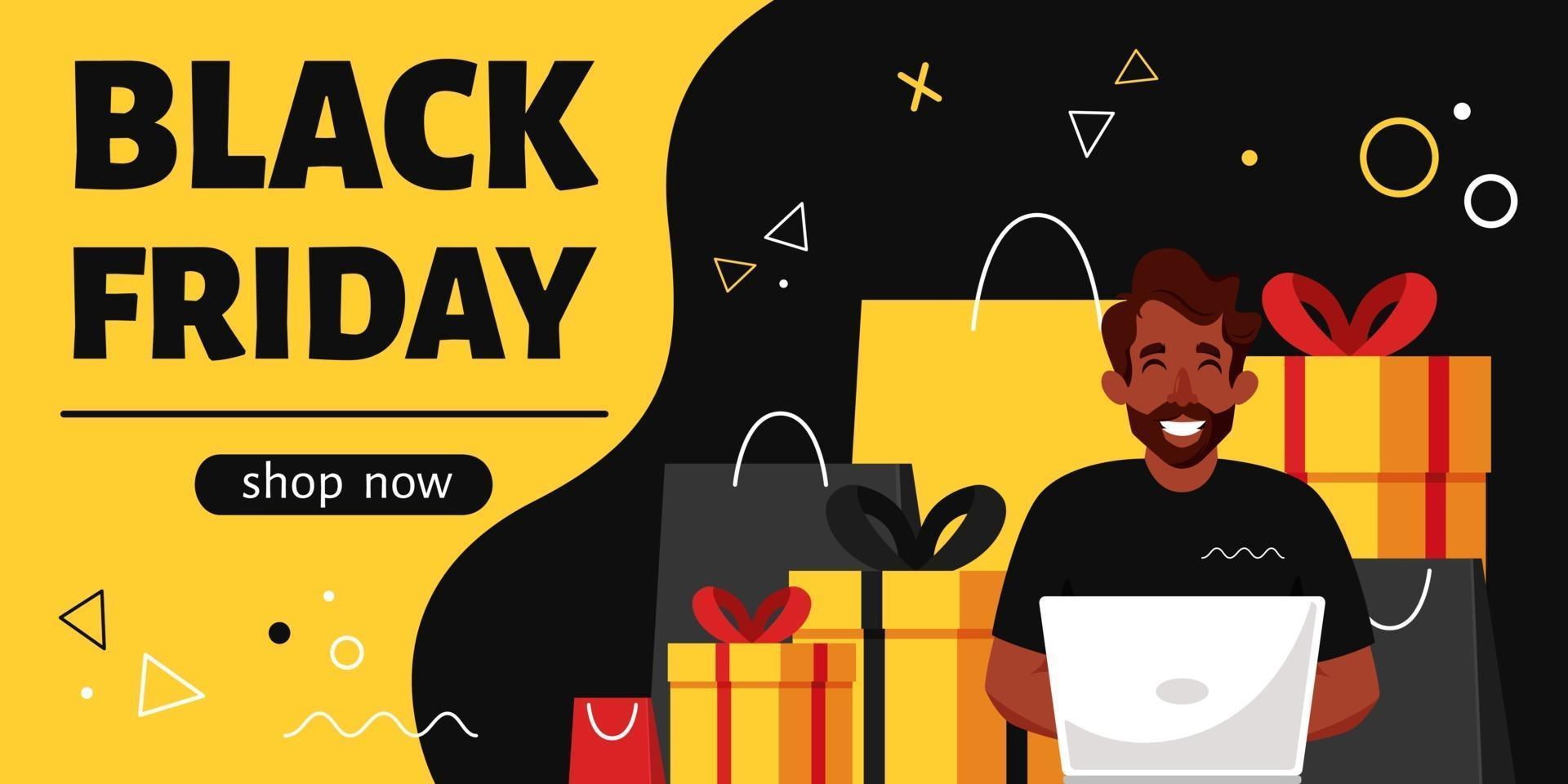folheto de sexta-feira negra. homem negro com laptop, fazendo compras online. ilustração vetorial vetor