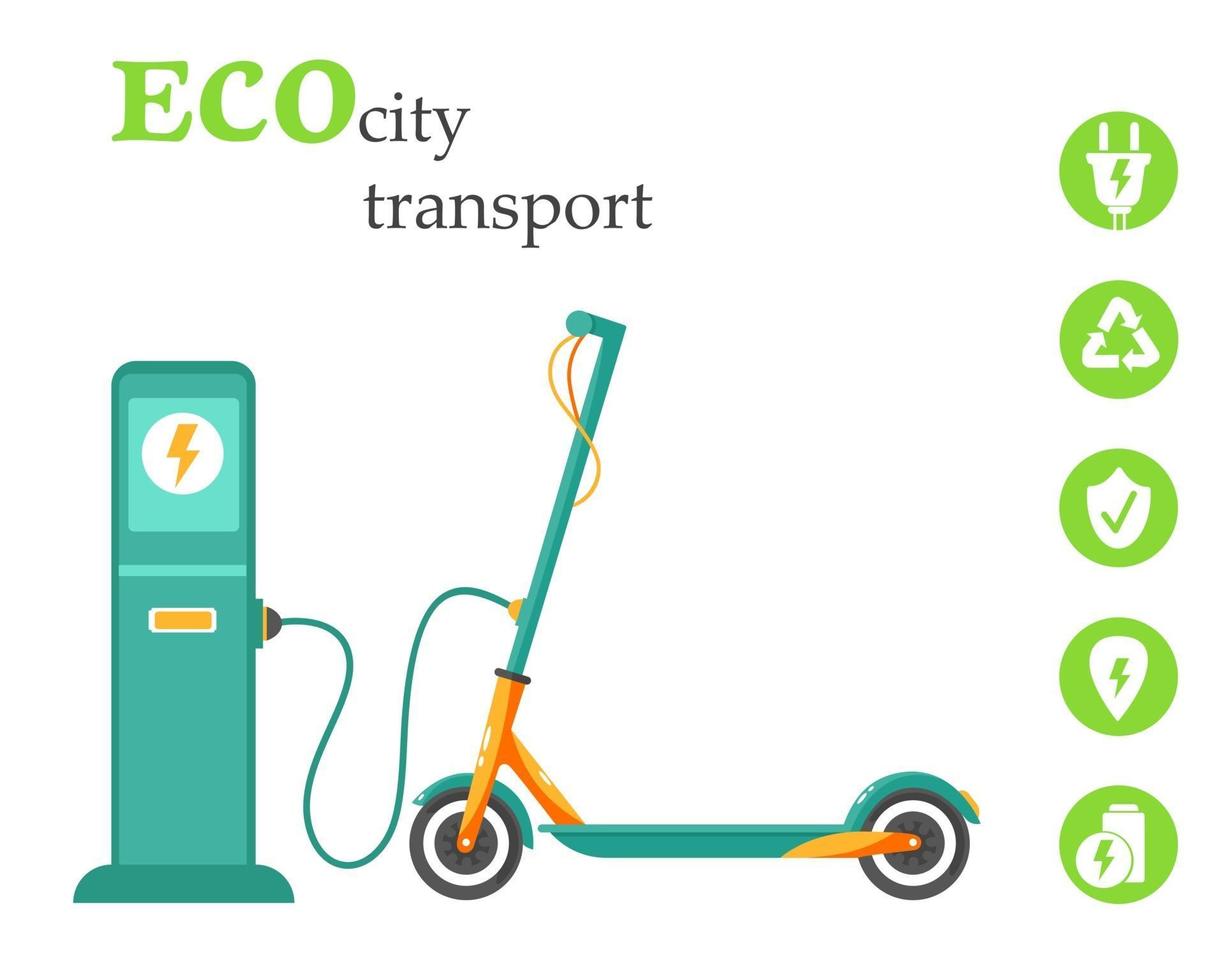 transporte da cidade ecológica. carregando scooter elétrico em uma estação. conceito de economia da natureza e novas tecnologias. ilustração vetorial vetor