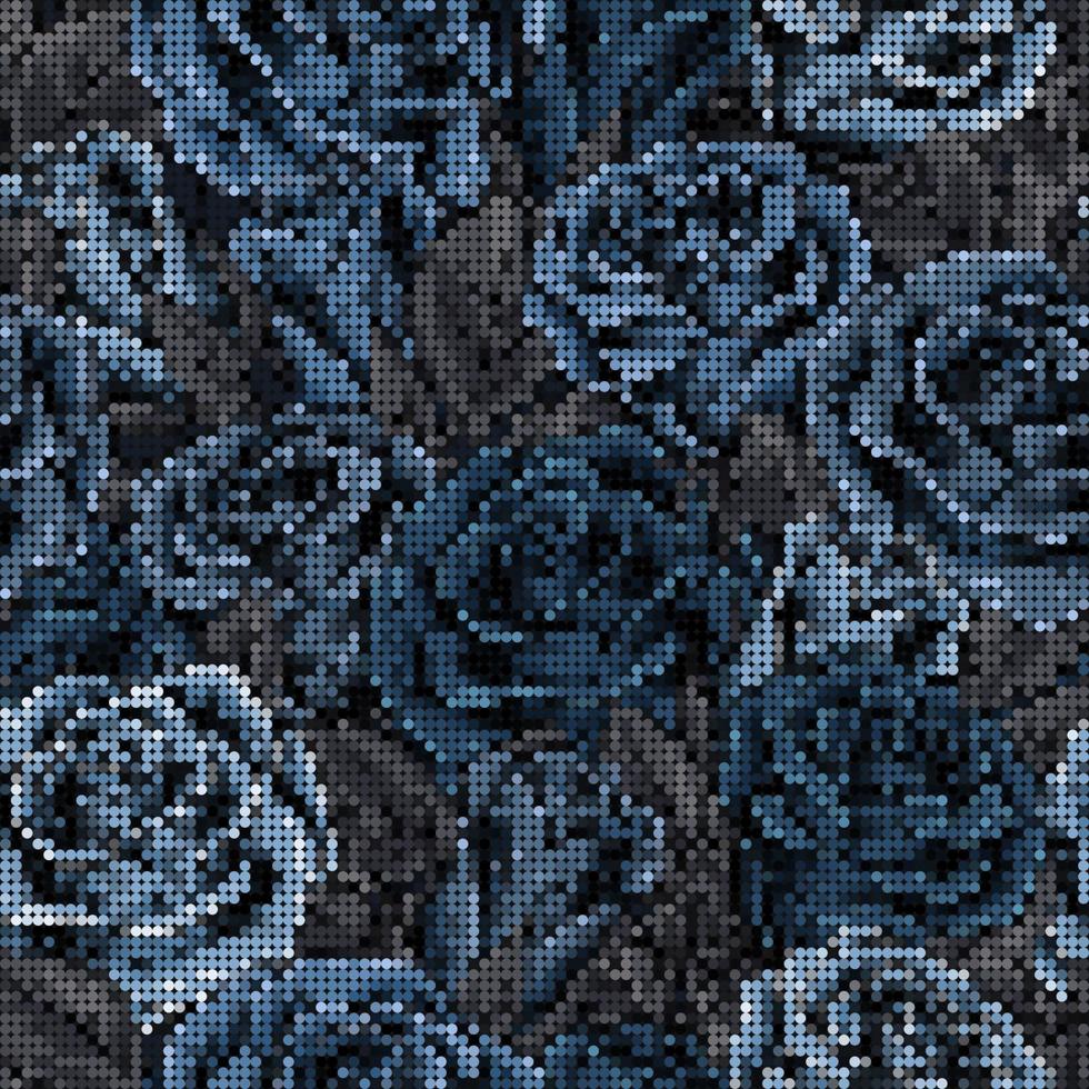 camuflar azul padronizar com rosas. pixel retro efeito com círculos. denso composição com sobreposição elementos. exército ou Caçando mascaramento enfeite para fêmea vestuário, tecido, têxtil, esporte bens. vetor