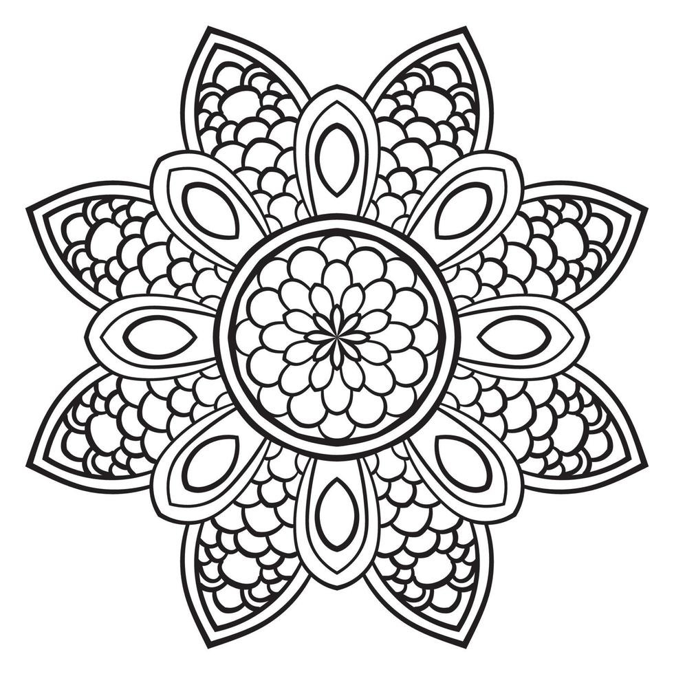 mandala de flor de contorno preto. doodle redondo elemento decorativo para livro de colorir isolado no fundo branco. círculo geométrico floral. vetor