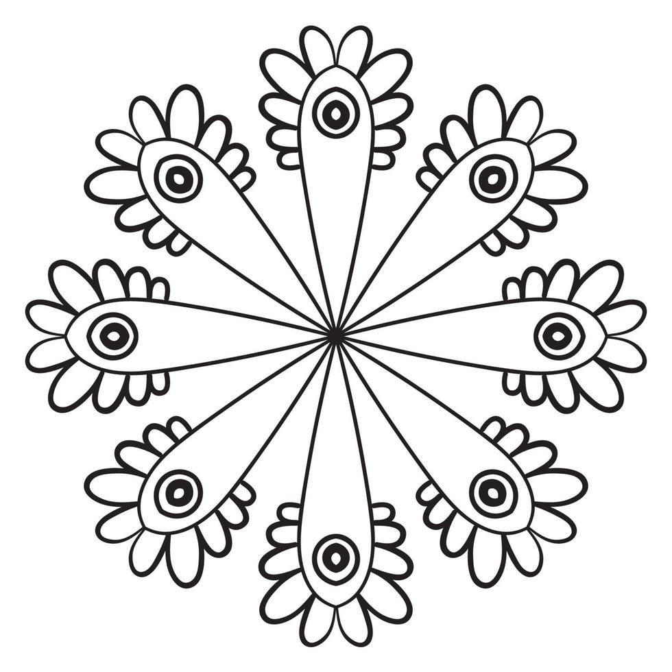 mandala de flor de contorno preto. doodle redondo elemento decorativo para livro de colorir isolado no fundo branco. círculo geométrico floral. vetor