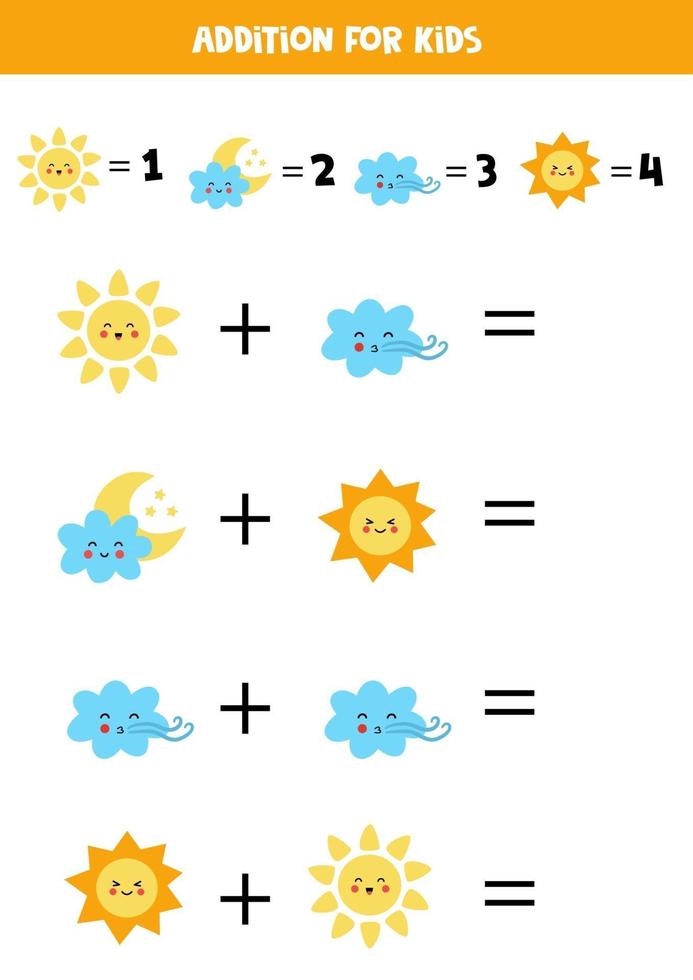 adição para crianças com lindos sóis e nuvens kawaii. vetor