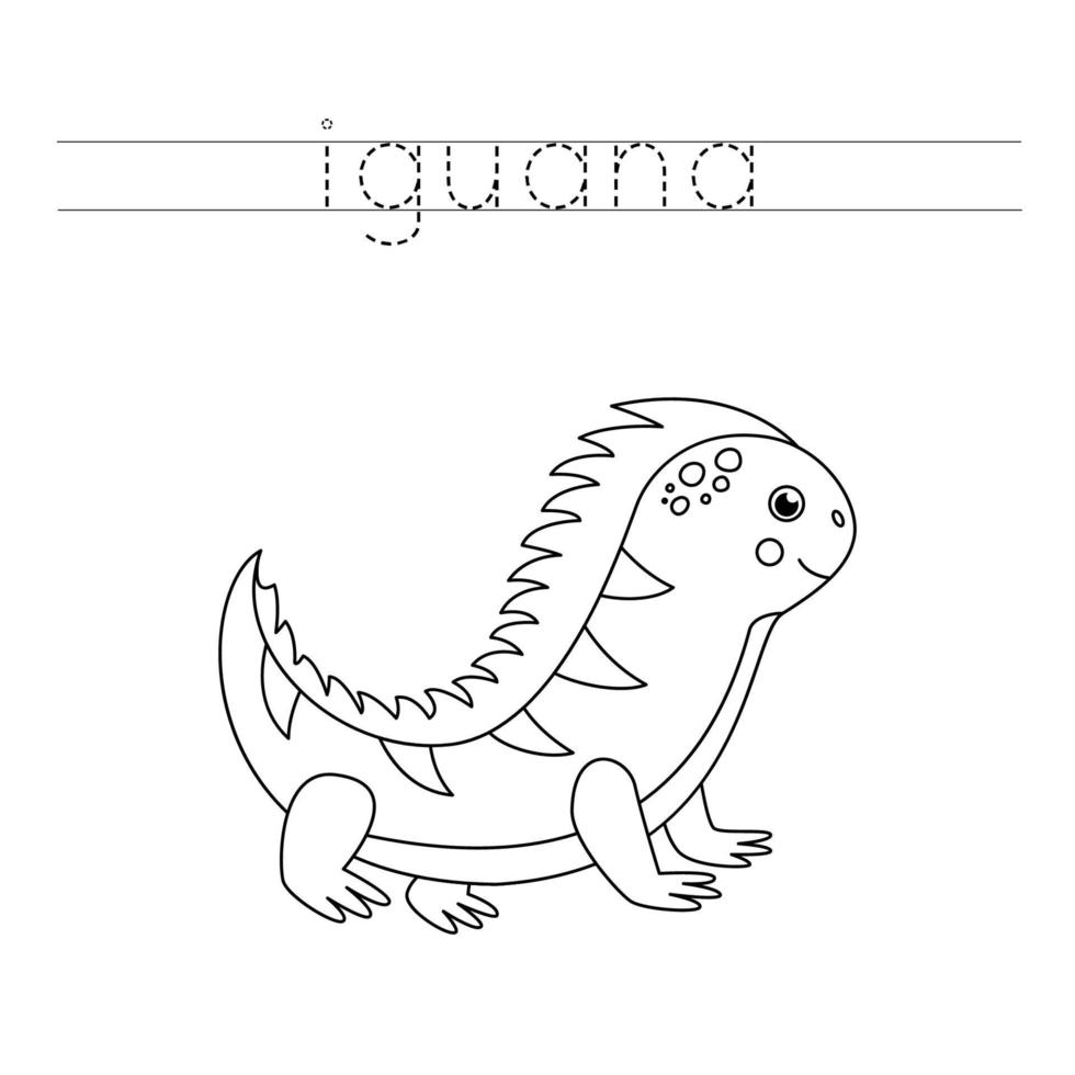 rastreamento de letras com iguana fofa. prática de escrita para crianças. vetor
