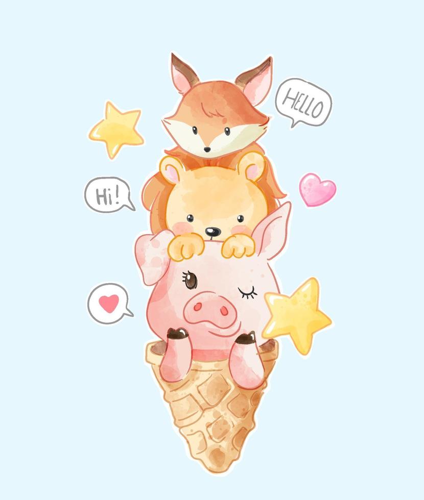 animais fofos amigos na ilustração de casquinha de sorvete vetor
