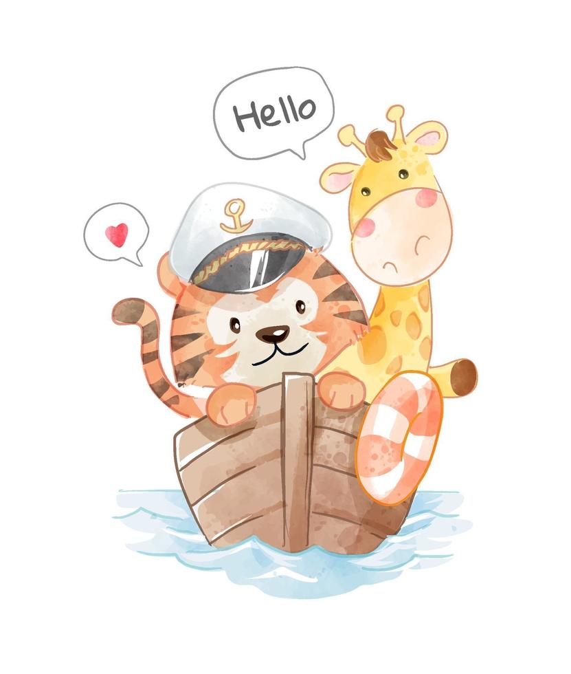 Ilustração do pequeno e fofo capitão tigre e girafa em um barco de madeira vetor