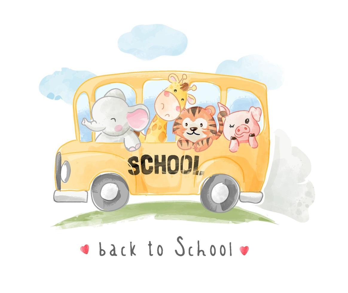desenhos animados animais amigos no ônibus escolar vetor