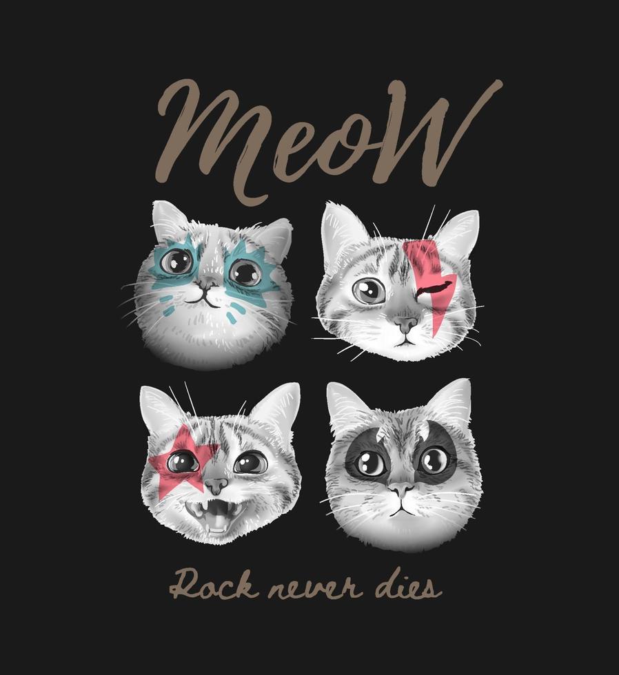 slogan de miau com ilustração de gatos fofos pintados em fundo preto vetor