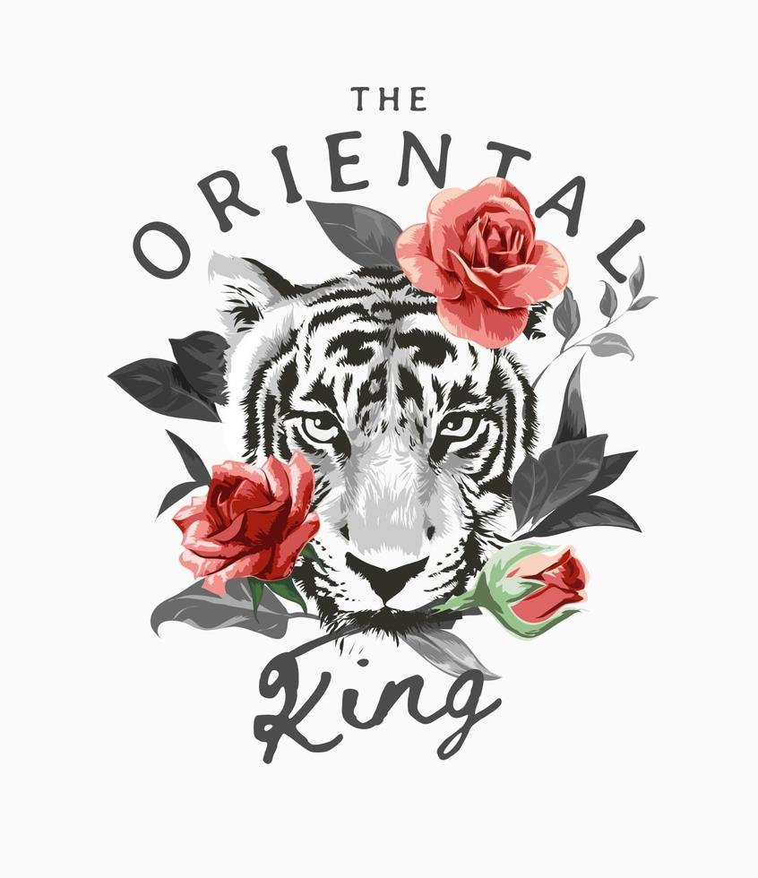o slogan do rei oriental com rosto de tigre preto e branco e ilustração de rosas vermelhas vetor