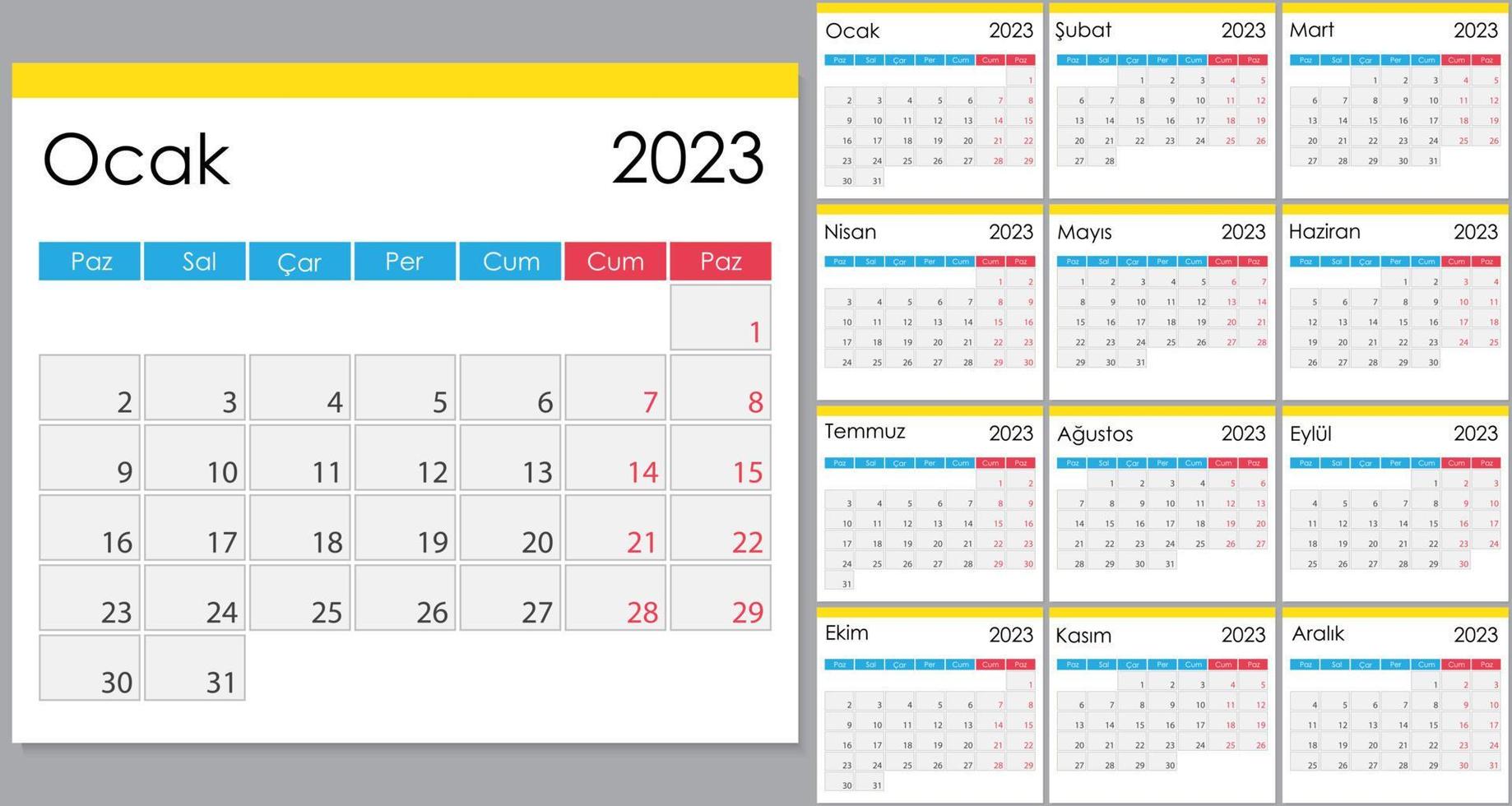 calendário 2023 em turco linguagem, semana começar em Segunda-feira vetor