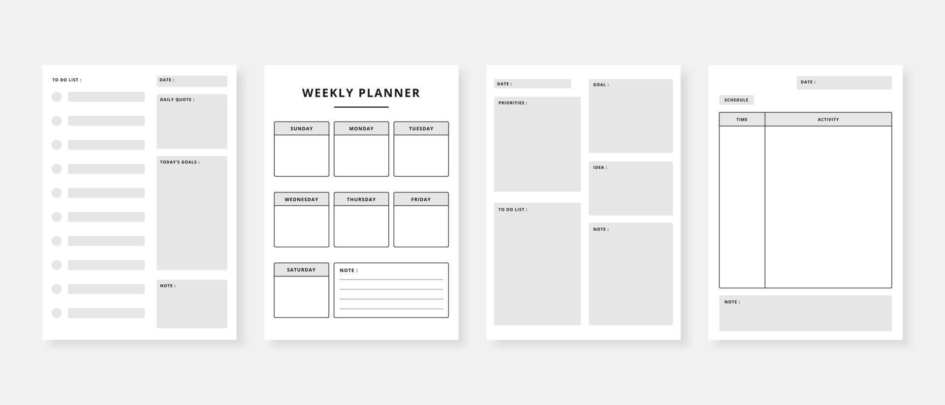 conjunto de modelo de planejador moderno. conjunto de planejador e lista de tarefas. modelo de planejador mensal, semanal e diário. ilustração vetorial. vetor