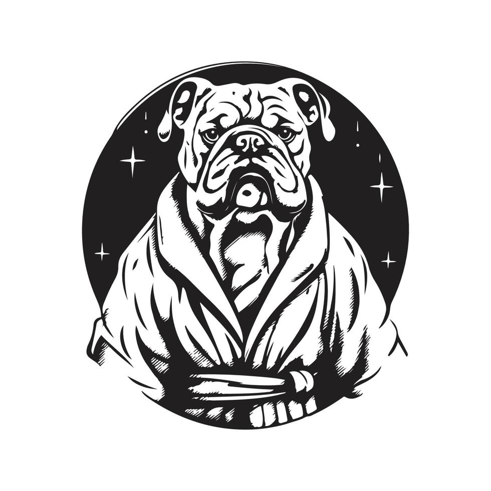 buldogue vestindo roupão de banho, vintage logotipo conceito Preto e branco cor, mão desenhado ilustração vetor