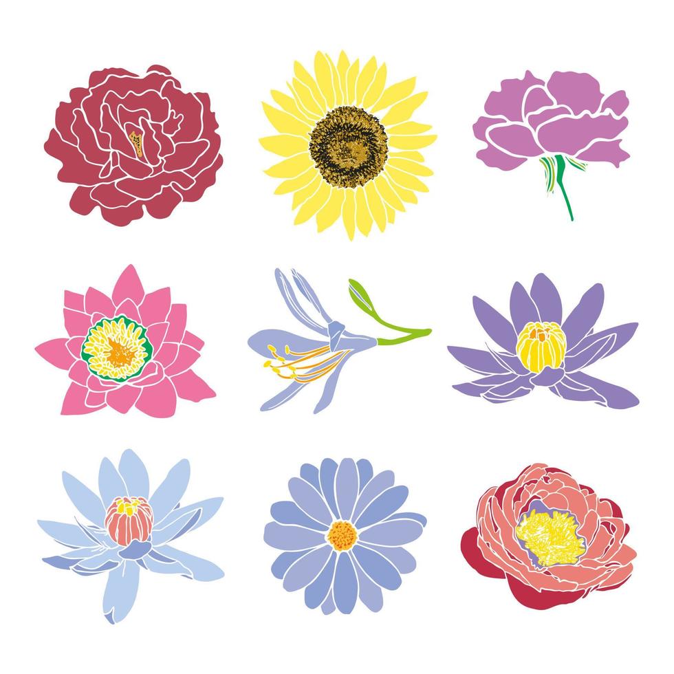 floral conjunto dentro plano estilo. vários simples colori flores pastel cores. minimalista contorno Projeto do flores vetor ilustração.