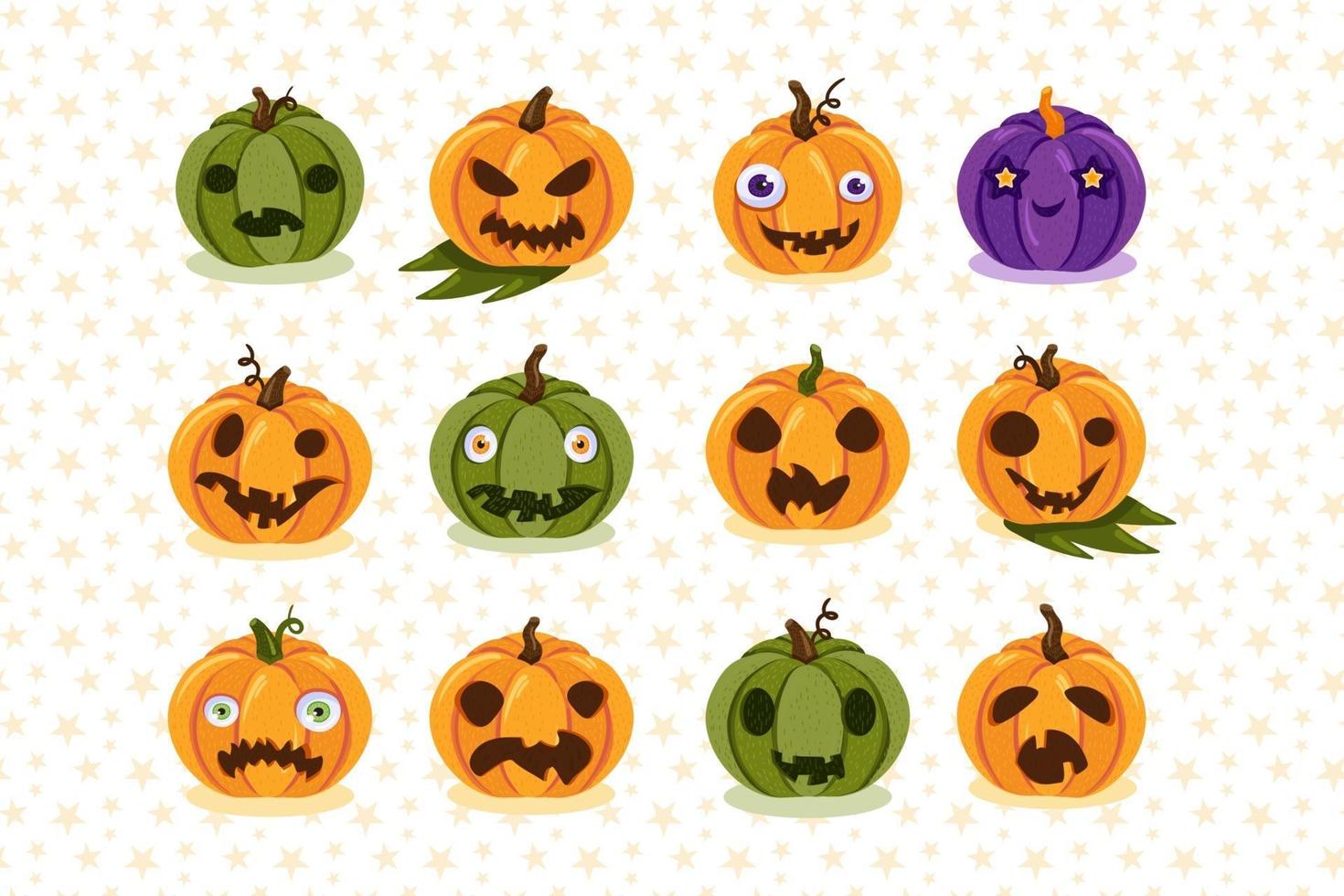conjunto de abóboras assustadoras, símbolos do feriado de halloween vetor