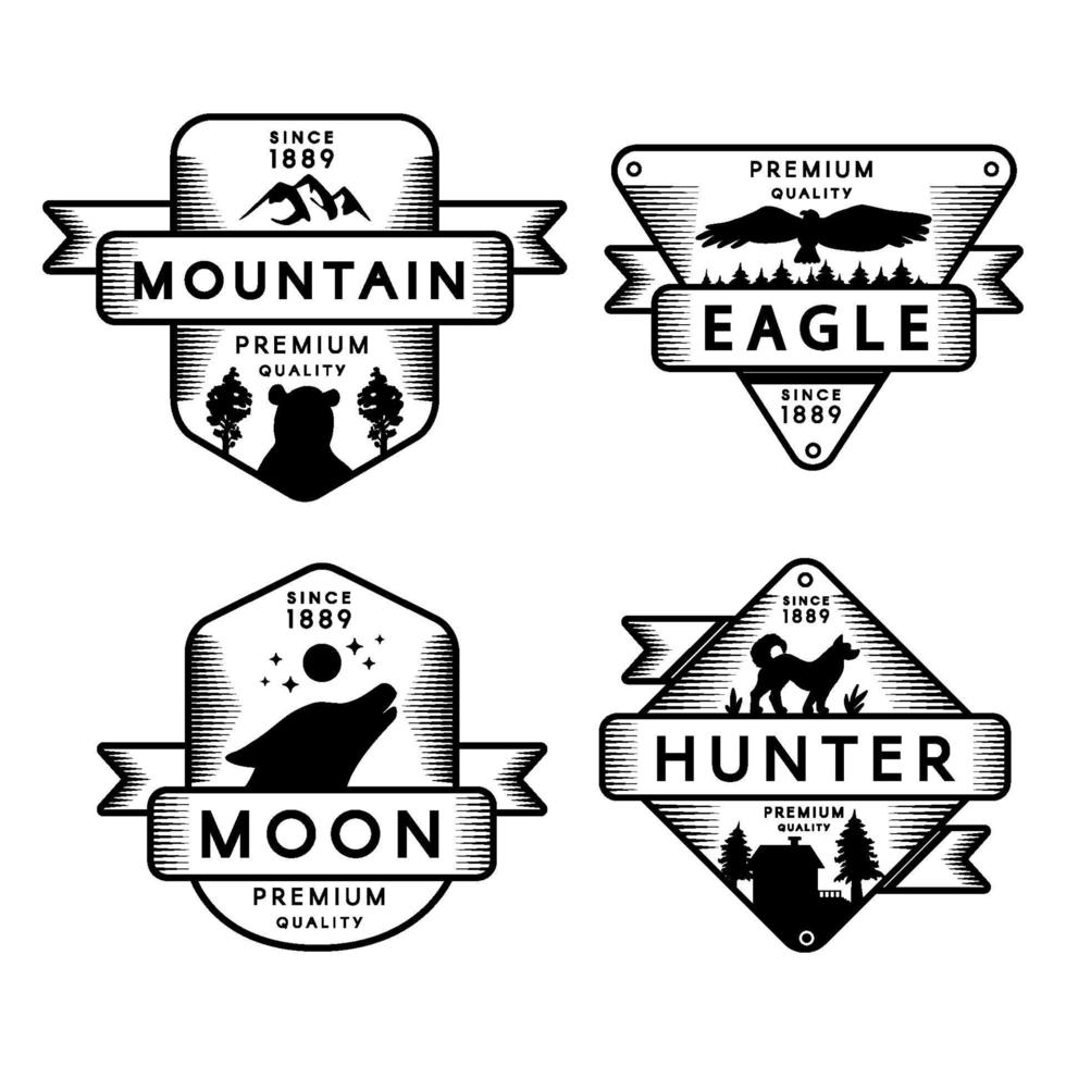 logotipo do conjunto de águia selvagem e caçador, lua e montanha vetor