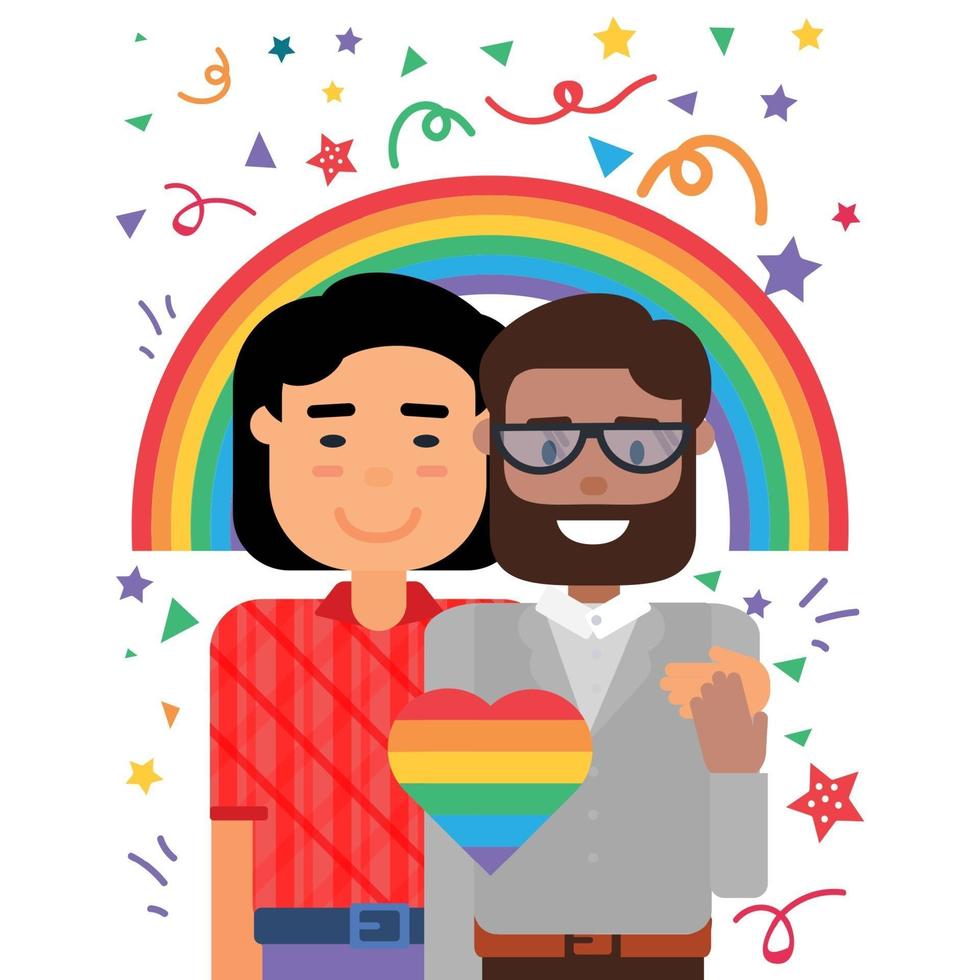 casal gay feliz se abraçando, amor homossexual LGBT vetor