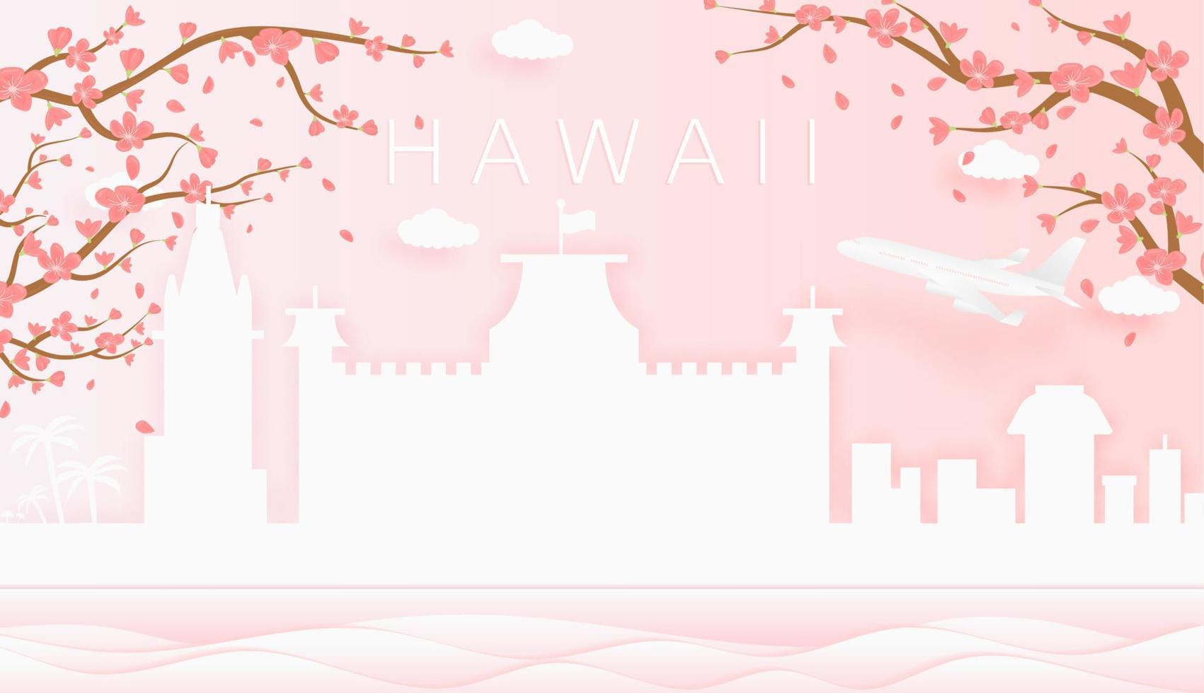 panorama viagem cartão postal, poster, Tour publicidade do mundo famoso marcos do Havaí, Primavera estação com florescendo flores dentro árvore vetor