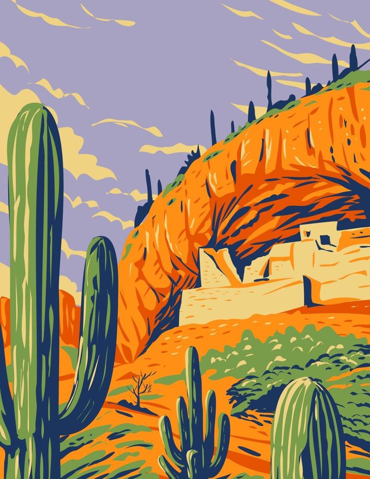 morada de penhasco em estilo salado e cacto saguaro no monumento nacional de tonto nas montanhas superstições localizadas no condado de gila, arizona arte de pôster wpa vetor