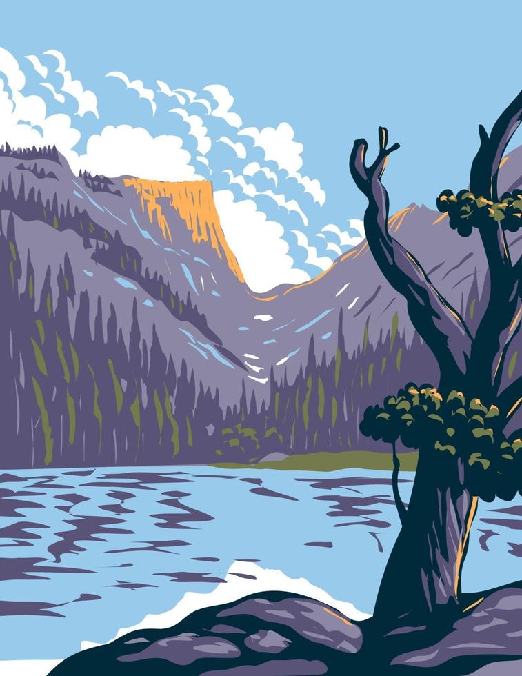 lago loch no parque nacional das montanhas rochosas em frente às montanhas rochosas localizadas no norte do Colorado arte do pôster wpa vetor