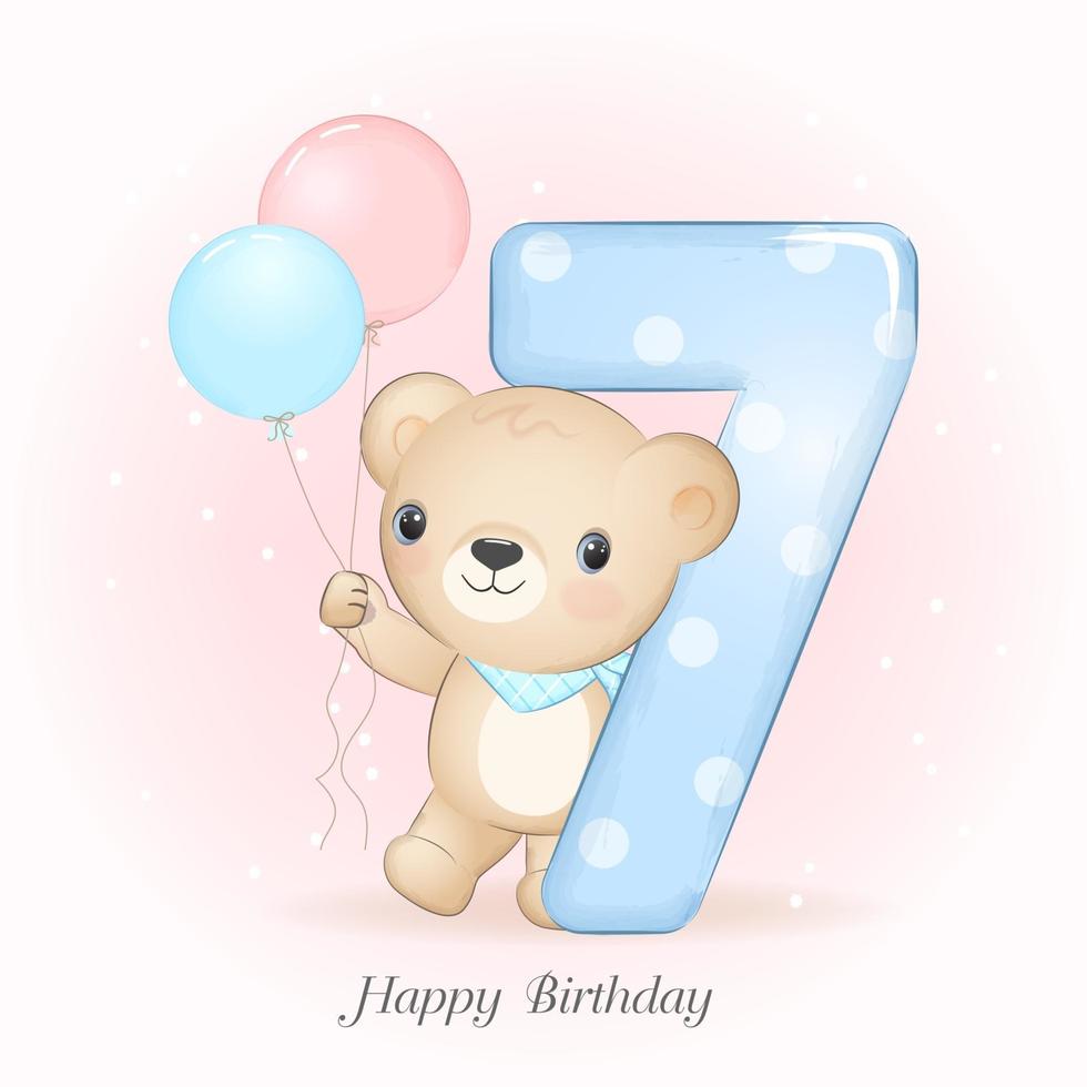 urso festa de aniversário com o número 7 vetor