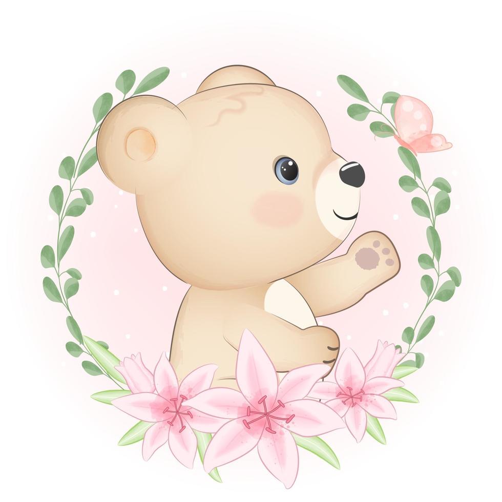 ilustração de quadro de urso fofo e flora vetor