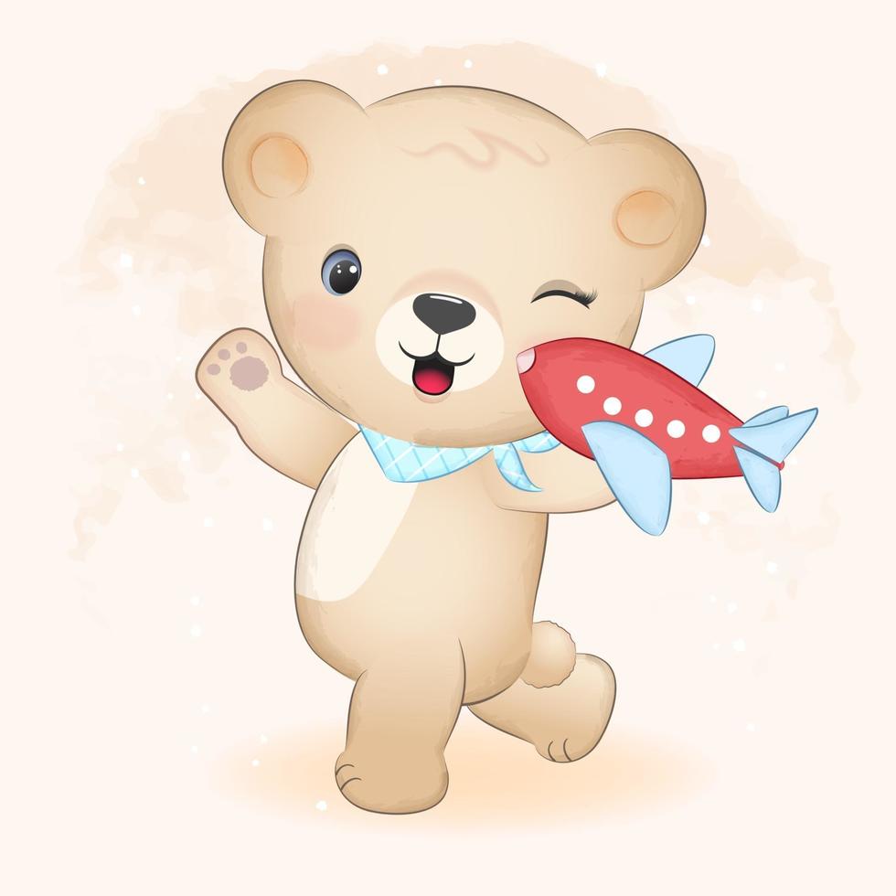 urso e avião de brinquedo desenhado à mão ilustração vetor